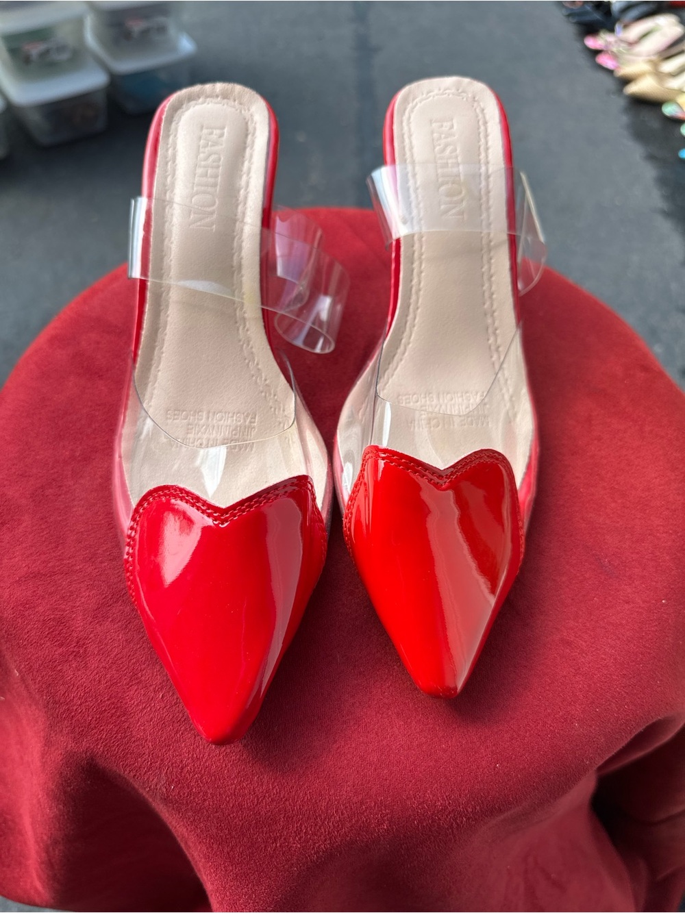 Red Patent Heart-Toe Clear Strap Women’s Mules